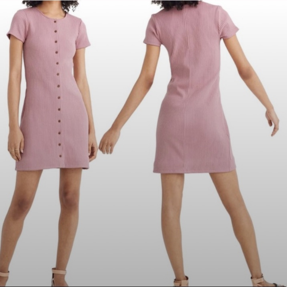 NWOT Madewell pink ribbed button front short sleeve scoop neck mini dress Medium - Picture 2 of 9